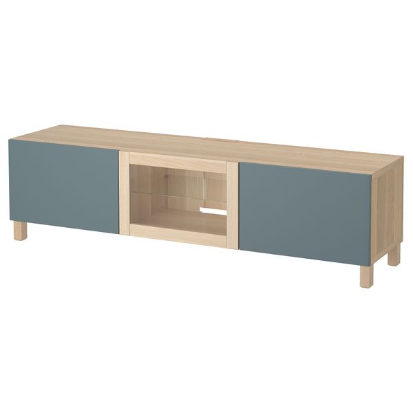 Тумба под ТВ с ящиками и дверцей БЕСТО, под беленый дуб, Вальвикен серо-бирюзовый, прозрачное стекло (180x40x48 см) - фото 1