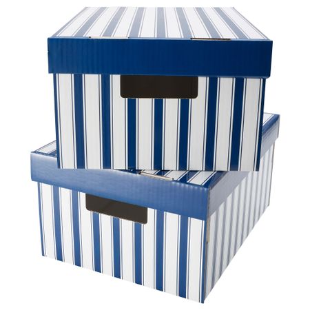 Коробка с крышкой ПИНГЛА, полоска белый, синий (28x37x18 см)