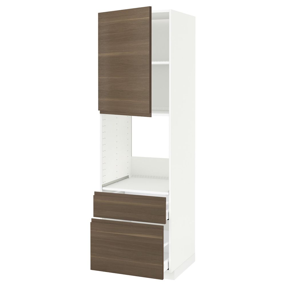 Высокий шкаф для духовки + дверца, 2 фронтальные панели, 1 средняя, 1 встроенный ящ, белый/Воксторп грецкий орех 60x60x200 см - фото 1