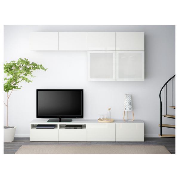 Шкаф для ТВ, комбинированный, стекляные дверцы БЕСТО, белый, Сельсвикен глянцевый/белый матовое стекло (240x40x230 см) - фото 2