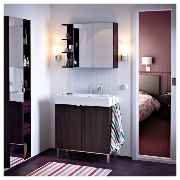 Зеркальный шкафчик с 2-мя дверцами, 1 открывающаяся полка ЛИЛЛОНГЕН, черно-коричневый (80x21x64 см) - фото 2