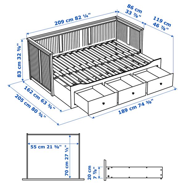 Кушетка с 2 матрасами, 3 ящиками IKEA HEMNES ХЕМНЭС 195.598.80 - схема-чертеж с размерами