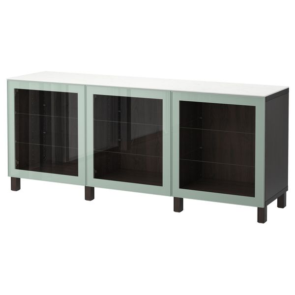 Комбинация для хранения с дверцами БЕСТО, черно-коричневый Глассвик, глянцевый/серо-зеленый светлый прозрачное стекло (180x42x74 - фото 1