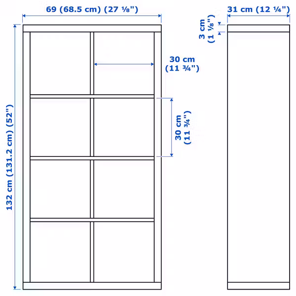 FLYSTA Стеллаж - белый 69x132 см - схема-чертеж с размерами