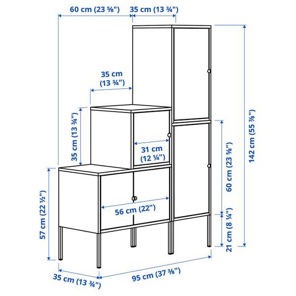 Комбинация для хранения, серый синий/антрацит 95x35x142 см IKEA LIXHULT ЛИКСГУЛЬТ 093.883.70 - схема-чертеж с размерами