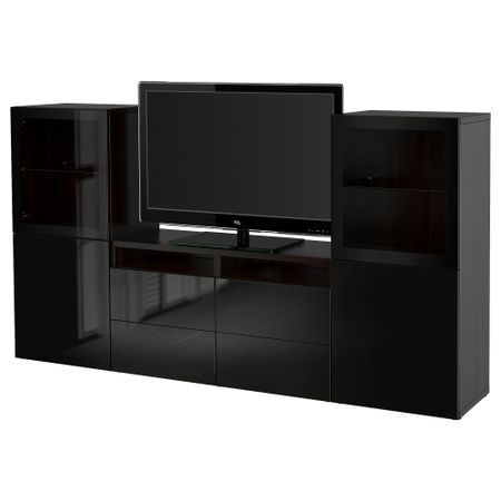 Шкаф для ТВ, комбинированный, стекляные дверцы БЕСТО, черно-коричневый, Сельсвикен глянцевый/черный прозрачное стекло
