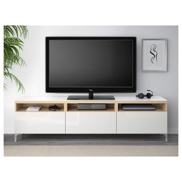 Тумба для ТВ с ящиками БЕСТО, под беленый дуб, Сельсвикен глянцевый/белый (180x40x48 см) - фото 2