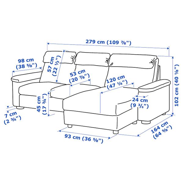 3-местный диван, с козеткой/Гранн/Бумстад темно-коричневый IKEA LIDHULT ЛИДГУЛЬТ 492.571.31 - схема-чертеж с размерами