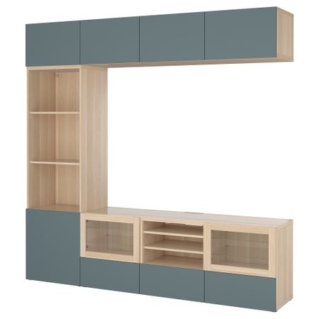 Шкаф для ТВ, комбинированный, стекляные дверцы БЕСТО, под беленый дуб, Вальвикен серо-бирюзовый, прозрачное стекло