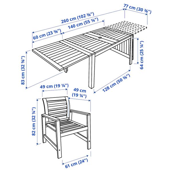 Стол + 4 кресла, для/сада, коричневая морилка IKEA ÄPPLARÖ ЭПЛАРО 692.289.39 - схема-чертеж с размерами