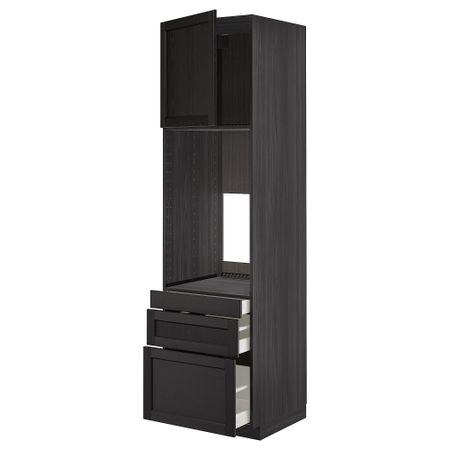 Высокий шкаф для двойной духовки, 3 ящика, дверца МЕТОД / МАКСИМЕРА, черный, Лерхюттан черная морилка