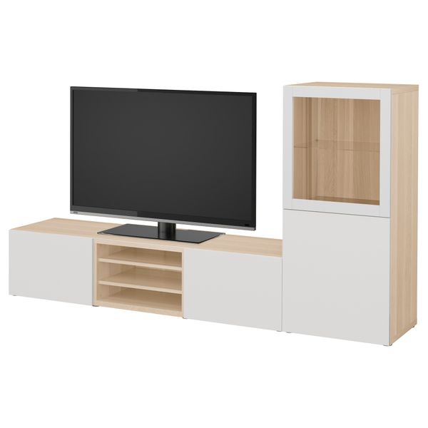 Шкаф для ТВ, комбинированный, стекляные дверцы БЕСТО, под беленый дуб, Лаппвикен светло-серый прозрачное стекло (240x40x128 см) - фото 1