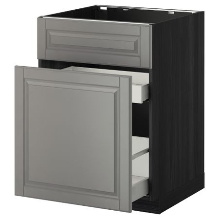 Напольный шкаф под мойку, сорт муcора, 1 дверца, 2 ящика МЕТОД / МАКСИМЕРА, черный, Будбин серый (60x60 см)