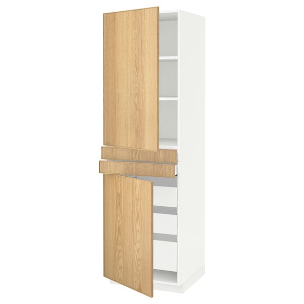 Высокий шкаф + полки, 5 ящиков, 2 дверцы, 2 фронтальных МЕТОД / МАКСИМЕРА, белый, Экестад дуб - схема-чертеж с размерами