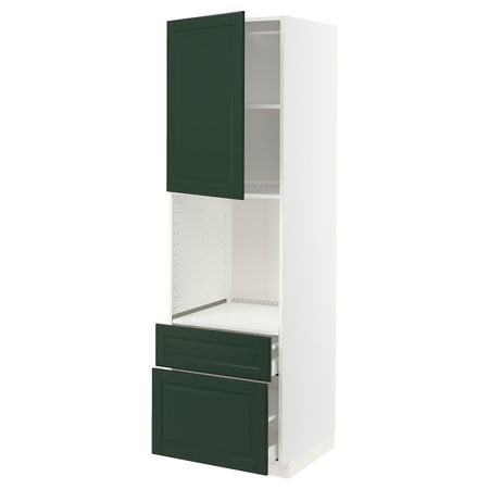 Высокий шкаф для духовки + дверца, 2 фронтальные панели, 1 средняя, 1 встроенный ящ, белый/Будбин темно-зеленый 60x60x200 см