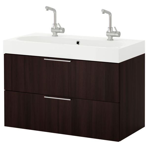 Шкаф для раковины с 2 ящиками ГОДМОРГОН / БРОВИКЕН, черно-коричневый (100x49x68 см) - фото 1