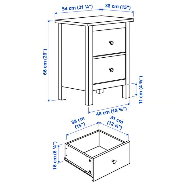 HEMNES Комод с 2 ящиками - черно-коричневый 54x66 см - схема-чертеж с размерами