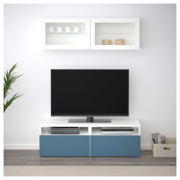 Шкаф для ТВ, комбинированный, стекляные дверцы БЕСТО, белый Вальвикен, темно-синий прозрачное стекло (120x20/40x166 см) - фото 2