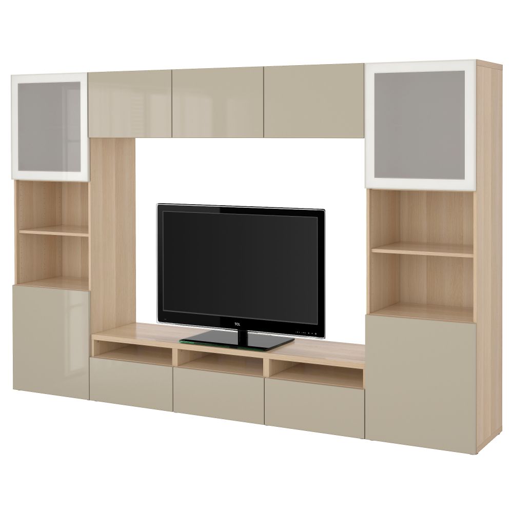 Шкаф для ТВ, комбинированный, стекляные дверцы БЕСТО, под беленый дуб, Сельсвикен глянцевый/бежевый матовое стекло (300x40x192 - фото 1