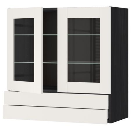 Навесной шкаф, 2 стеклянные дверцы, 2 ящика МЕТОД / МАКСИМЕРА, черный, Сэведаль белый