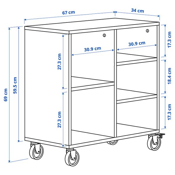Стеллаж на колесиках, дубовый шпон 67x69 см IKEA RÅVAROR РОВАРОР 104.545.09 - схема-чертеж с размерами