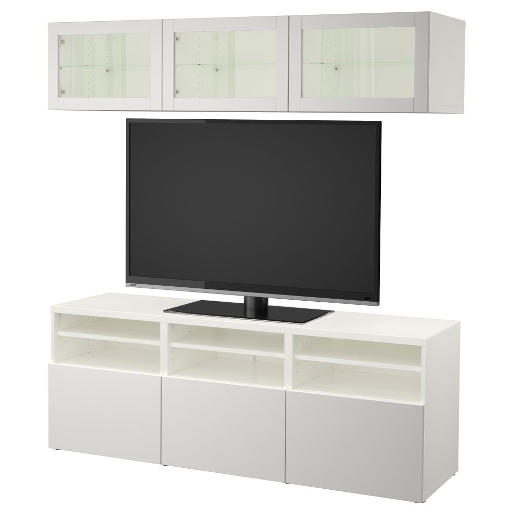 Шкаф для ТВ, комбинированный, стекляные дверцы БЕСТО, белый Синдвик, Лаппвикен светло-серый прозрачное стекло (180x40x192 см) - фото 1