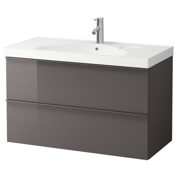 Шкаф для раковины с 2 ящиками ГОДМОРГОН / ЭДЕБОВИКЕН, глянцевый серый (100x49x64 см) - фото 2