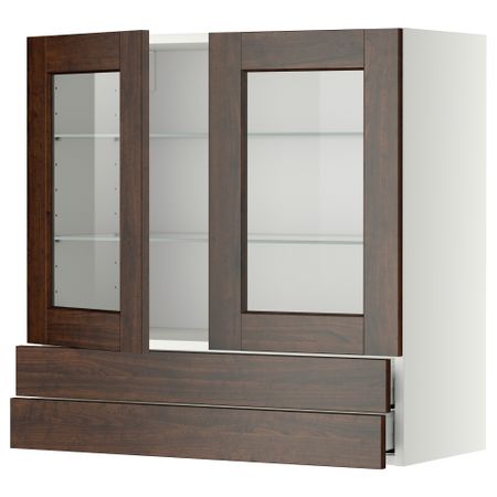 Навесной шкаф, 2 стеклянные дверцы, 2 ящика МЕТОД / МАКСИМЕРА, белый, Эдсерум коричневый