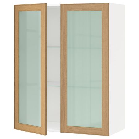 Навесной шкаф с полками, 2 стекло дв, белый/Экестад дуб 80x100 см IKEA METOD МЕТОД 092.255.90