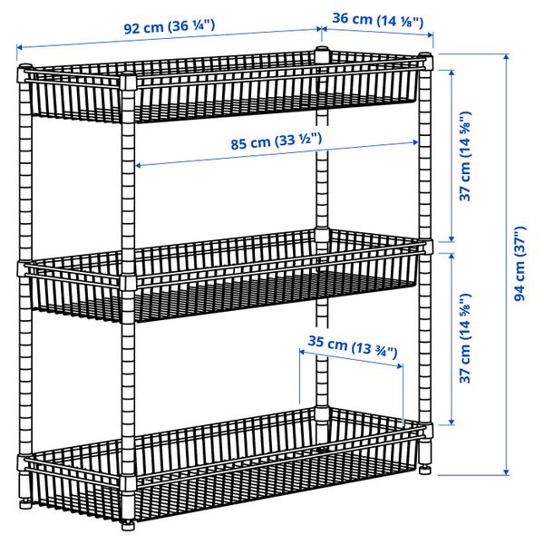 Стеллаж с 3 корзинами, оцинковка 92x36x94 см IKEA OMAR ОМАР 604.830.81 - схема-чертеж с размерами