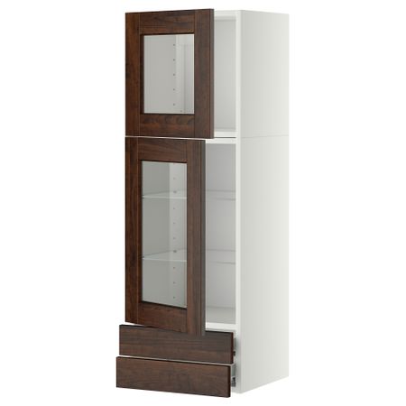 Навесной шкаф, 2 стеклянные дверцы, 2 ящика МЕТОД / ФОРВАРА, белый, Эдсерум коричневый