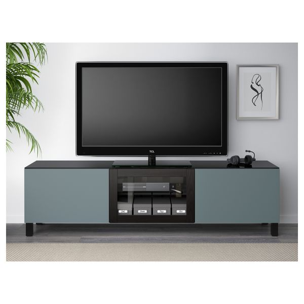 Тумба под ТВ, с дверцами БЕСТО, черно-коричневый, Вальвикен серо-бирюзовый, прозрачное стекло (180x40x38 см) - схема-чертеж с размерами