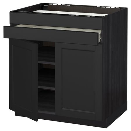 Напольный шкаф для варочной панели, 2 ящика, 2 фасада, 1 ящик МЕТОД / ФОРВАРА, черный, Лаксарби черно-коричневый (80x60 см)