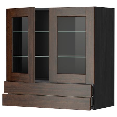 Навесной шкаф, 2 стеклянные дверцы, 2 ящика МЕТОД / МАКСИМЕРА, черный, Эдсерум коричневый