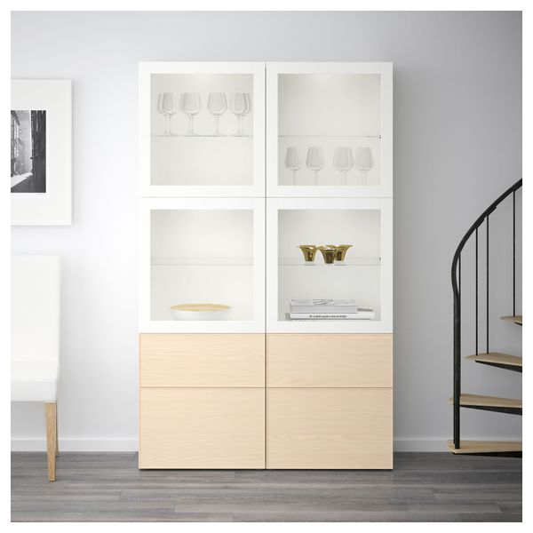 Комбинация для хранения со стеклянными дверцами БЕСТО, белый Синдвик, Инвикен ясеневый шпон (120x40x192 см) - фото 2