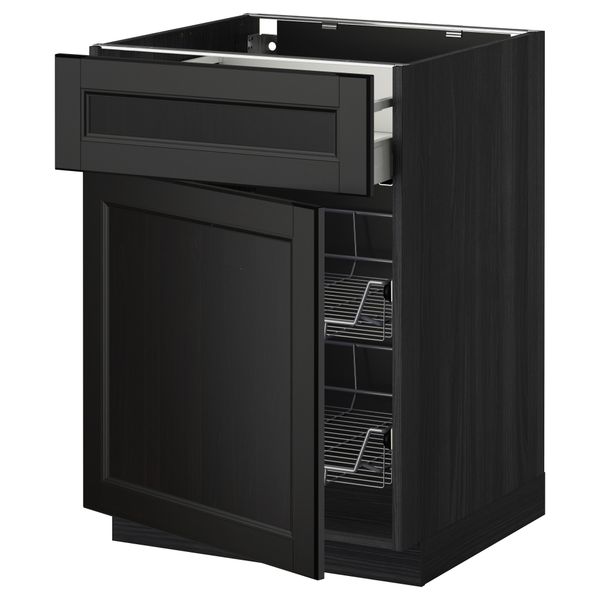 Напольный шкаф с проволочной корзиной, ящиком, дверью МЕТОД / МАКСИМЕРА, черный, Лаксарби черно-коричневый - схема-чертеж с размерами