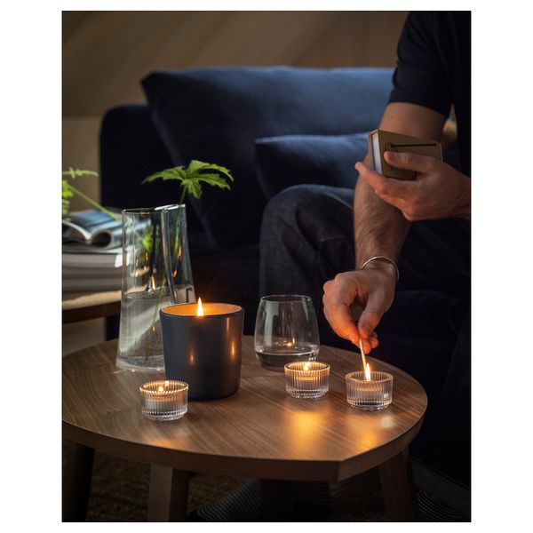 Свеча греющая ароматическая, Ветиверия и герань, черно-бирюзовый, 3.5 ч IKEA FRUKTSKOG 105.558.53 - фото 1