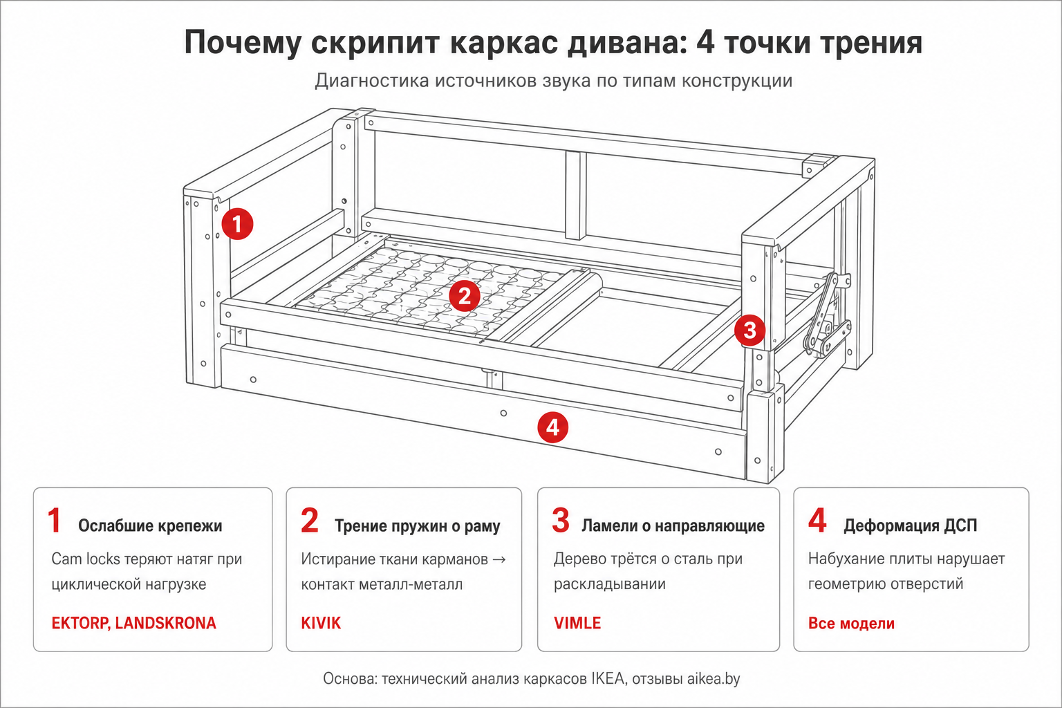 Диаграмма причин скрипа дивана IKEA: точки трения ламелей, крепежей и пружин