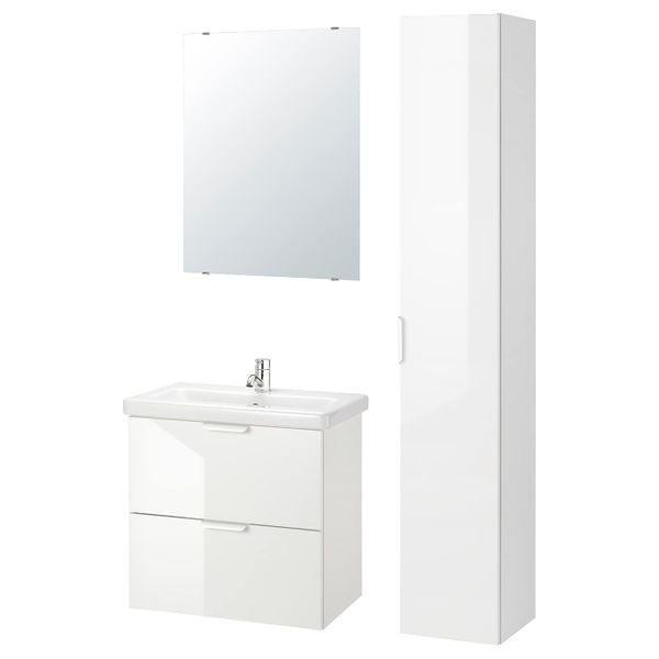 Комплект мебели для ванной,8 предм., глянцевый белый/ПИЛКОН смеситель 64x43x65 см IKEA FISKÅN ФИСКОН / TVÄLLEN ТВЭЛЛЕН - фото 1