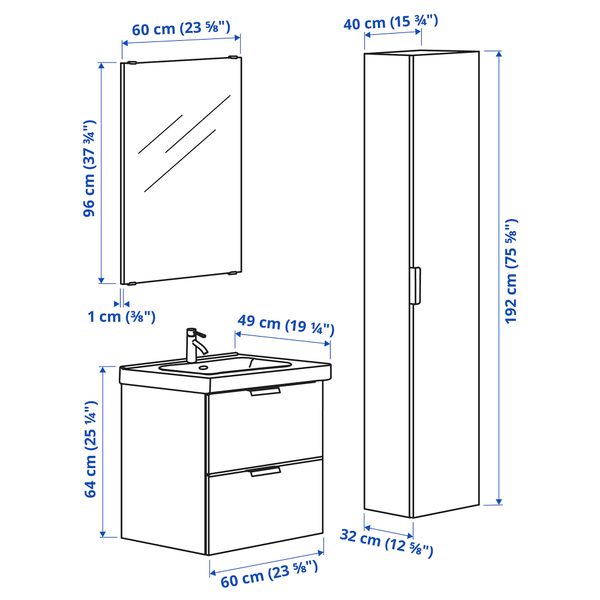 Комплект мебели для ванной, 5 предмета, 63 cm IKEA ODENSVIK ОДЕНСВИК, GODMORGON ГОДМОРГОН 393.332.01 - схема-чертеж с размерами