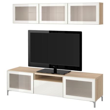 Шкаф для ТВ, комбинированный, стекляные дверцы БЕСТО, под беленый дуб, Сельсвикен глянцевый/белый матовое стекло (180x20/40x166