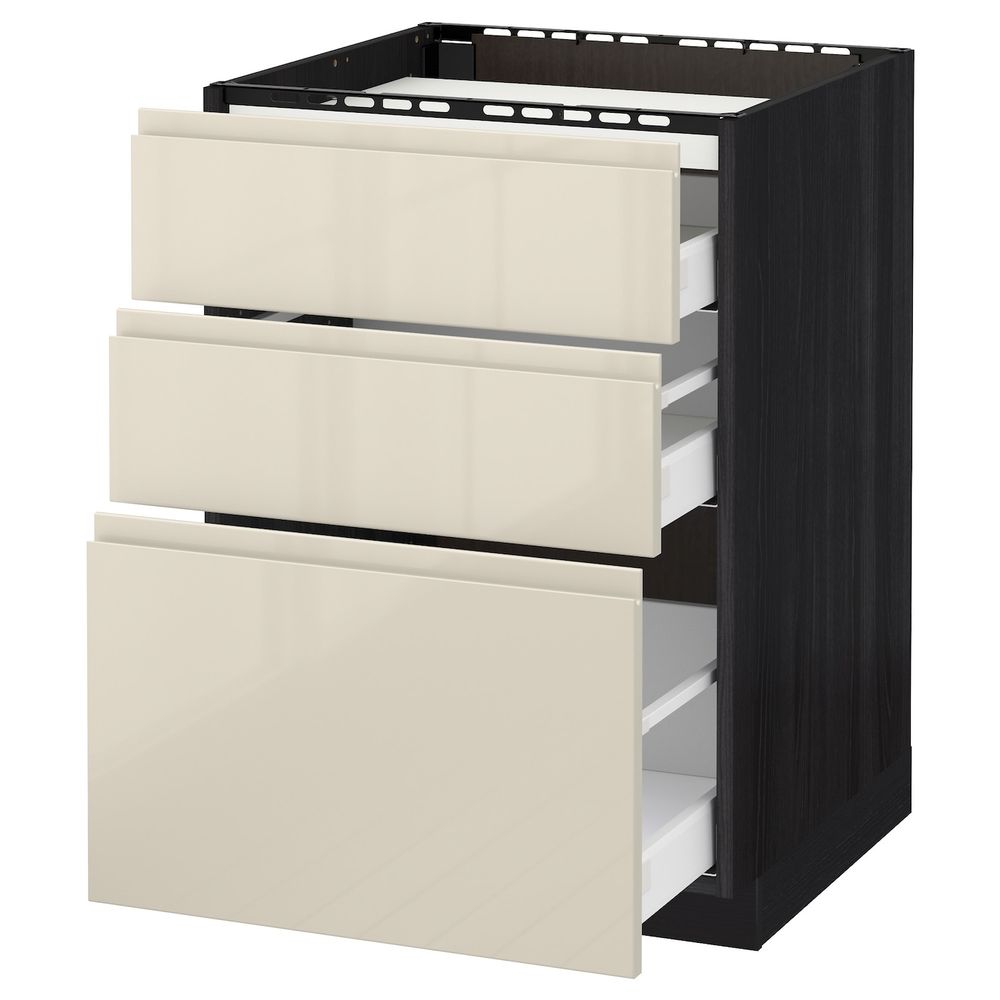 Напольный шкаф, 3 фронтальных панели/3ящика, черный, Воксторп глянцевый светло-бежевый 60x60 см IKEA МЕТОД 092.383.71 - схема-чертеж с размерами