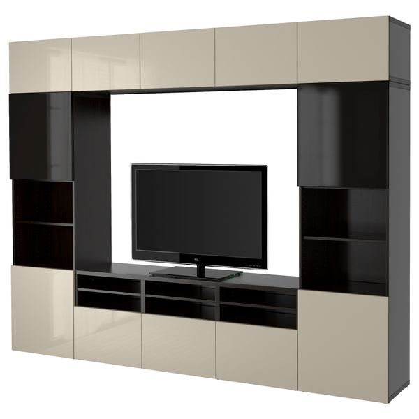 Шкаф для ТВ, комбинированный, стекляные дверцы БЕСТО, черно-коричневый, Сельсвикен глянцевый/бежевый/дымчатое стекло (300x40x230 - фото 1