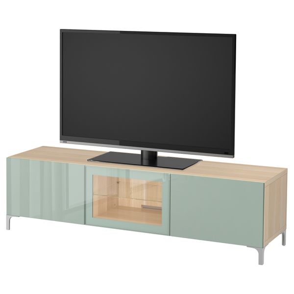 Тумба под ТВ с ящиками и дверцей БЕСТО, под беленый дуб Сельсвикен, глянцевый/серо-зеленый светлый прозрачное стекло (180x40x48 - фото 1