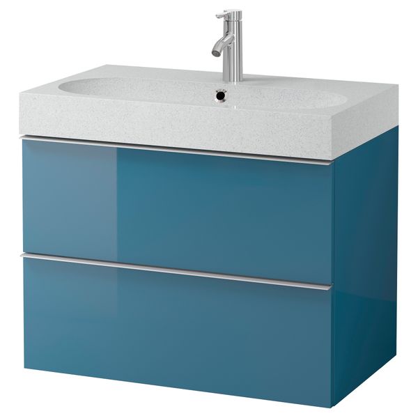 Шкаф для раковины с 2 ящиками ГОДМОРГОН / БРОВИКЕН, глянцевый бирюзовый, светло-серый (80x49x68 см) - фото 6