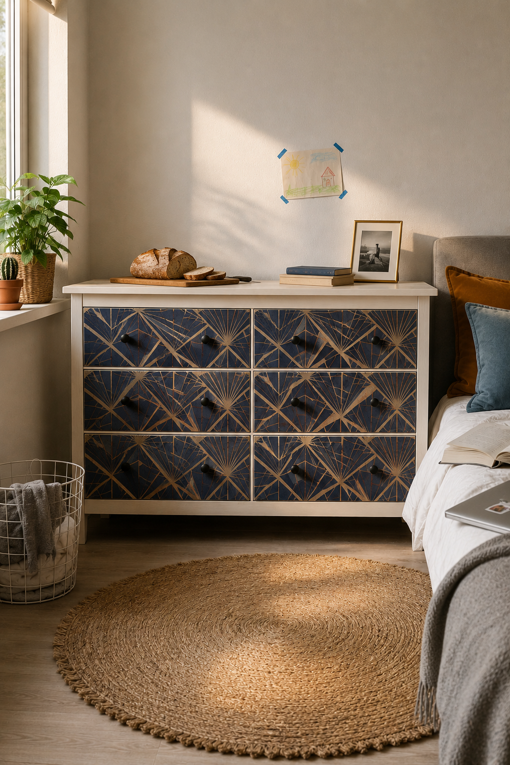 HEMNES комод после переделки — фасады оклеены обоями, новые чёрные ручки