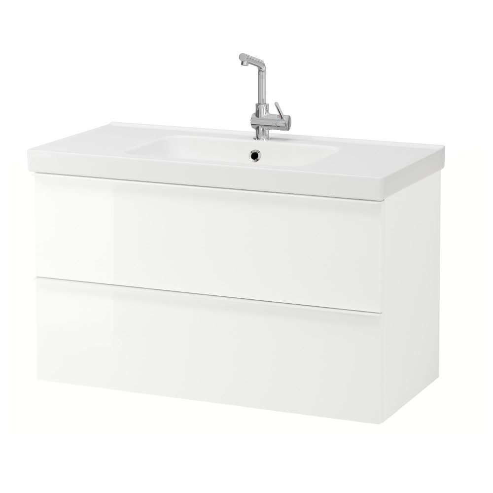 Шкаф для раковины с 2 ящиками ГОДМОРГОН / ОДЕНСВИК, глянцевый белый (100x49x64 см) - фото 1