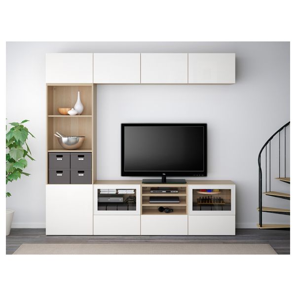 Шкаф для ТВ, комбинированный, стекляные дверцы БЕСТО, под беленый дуб, Сельсвикен глянцевый/белый прозрачное стекло (240x40x230 - фото 2