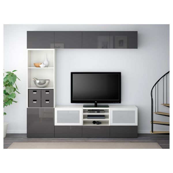 Шкаф для ТВ, комбинированный, стекляные дверцы БЕСТО, белый, Сельсвикен глянцевый/серый матовое стекло (240x40x230 см) - схема-чертеж с размерами