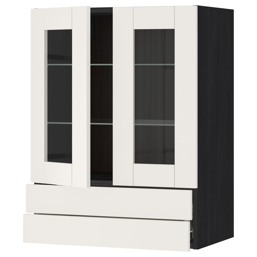 Навесной шкаф, 2 стеклянные дверцы, 2 ящика МЕТОД / ФОРВАРА, черный, Сэведаль белый - схема-чертеж с размерами